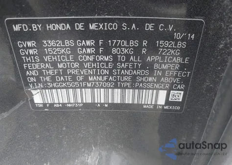 2015 Honda Fit Lx from USA, damaged, VIN 3HGGK5G51FM737092